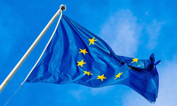 European Union flag featuring a circle of 12 yellow stars on a deep blue field, designed with brass grommets for secure outdoor display.