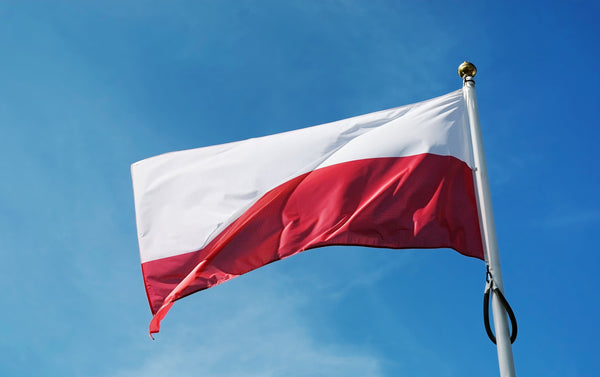 Kengla’s Poland flag waving on a pole against a blue sky.
