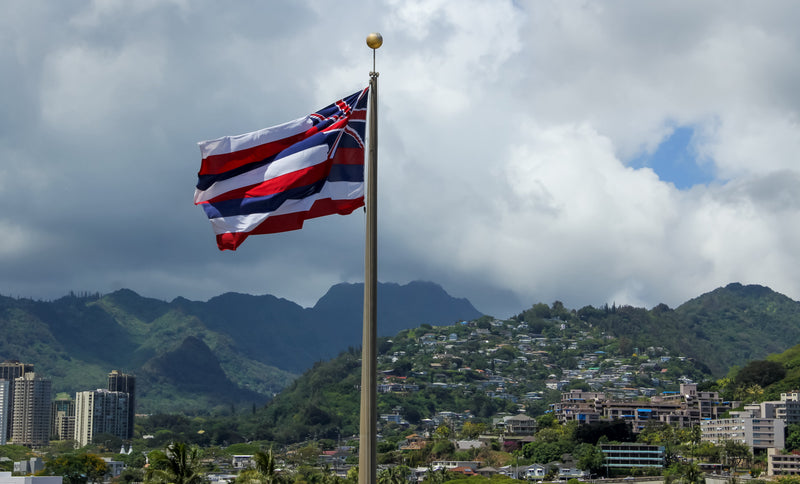 Hawaiʻi state flag flying above a city skyline with mountains in the distance, captured for Kengla Flag Co.