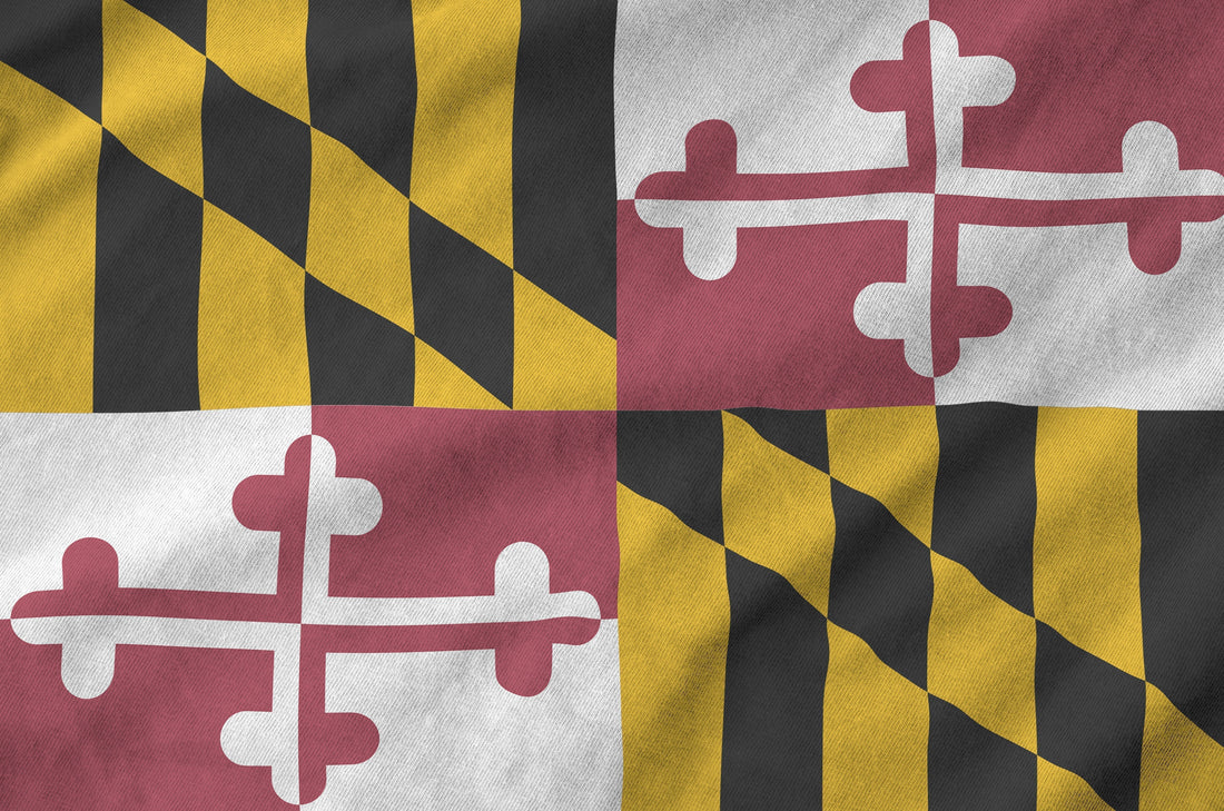 Textured Maryland state flag featuring bold red, white, black, and gold heraldic quarters.