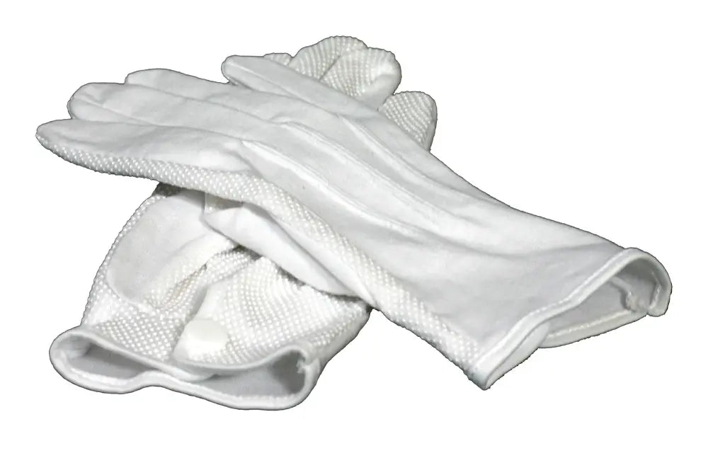 White parade gloves with textured rubberized palms and knit wrist cuffs displayed on a plain background by Kengla.