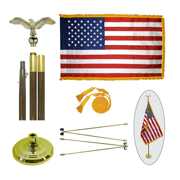 Classic American Flag Display Set with Oak Pole indoor ceremonial flag set with oak pole for formal lobby or office display