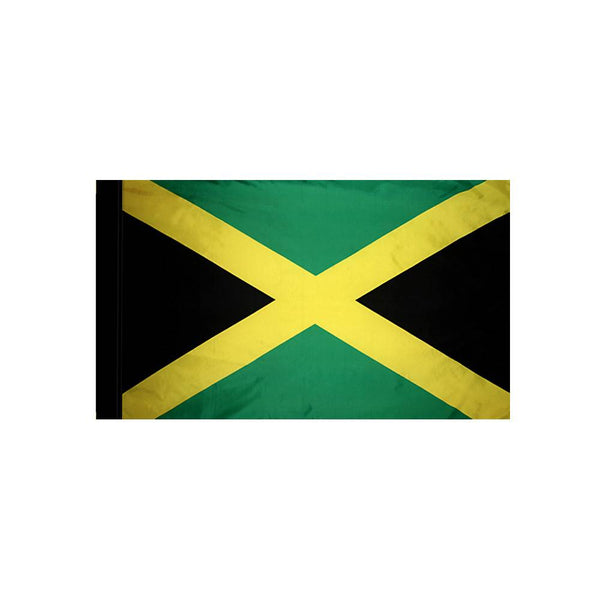 Outdoor Jamaica flag with gold saltire and green and black panels, designed for durable display on a flagpole.