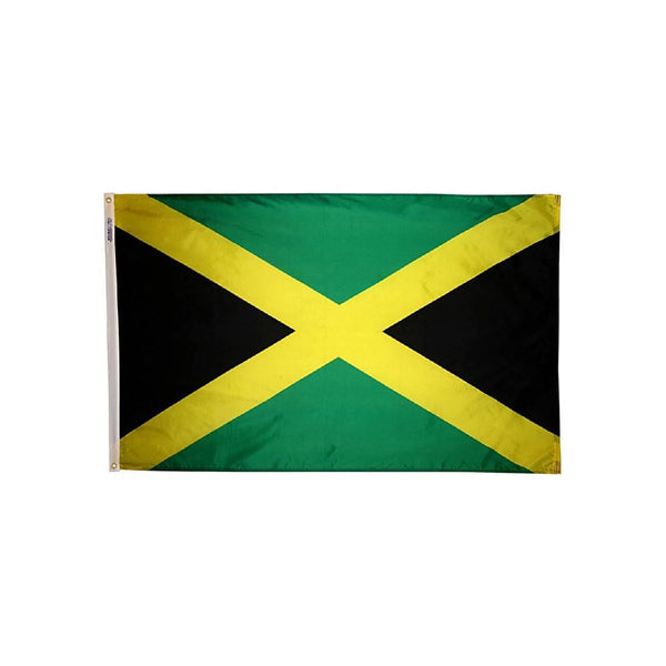 Outdoor Jamaica flag with gold saltire and green and black panels, designed for durable display on a flagpole.
