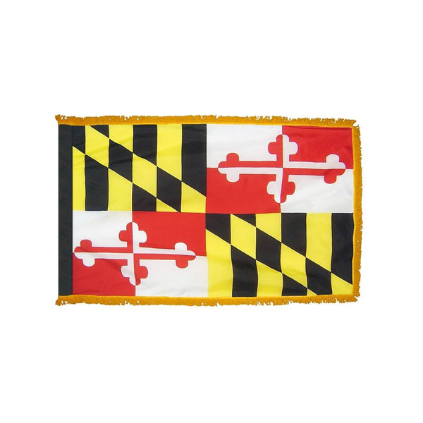 Indoor parade Maryland flag with gold fringe and traditional heraldic design.